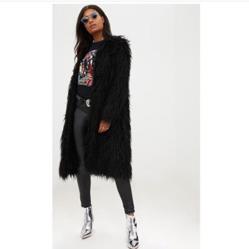 Pretty Little Thing- Black shaggy longline faux fur coat.